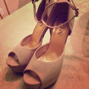 Beige, open toe, suede heels